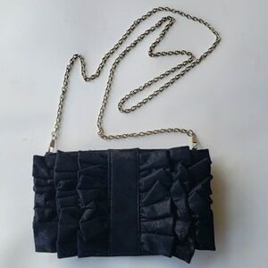 Black shiny long chain ruffle formal clutch purse